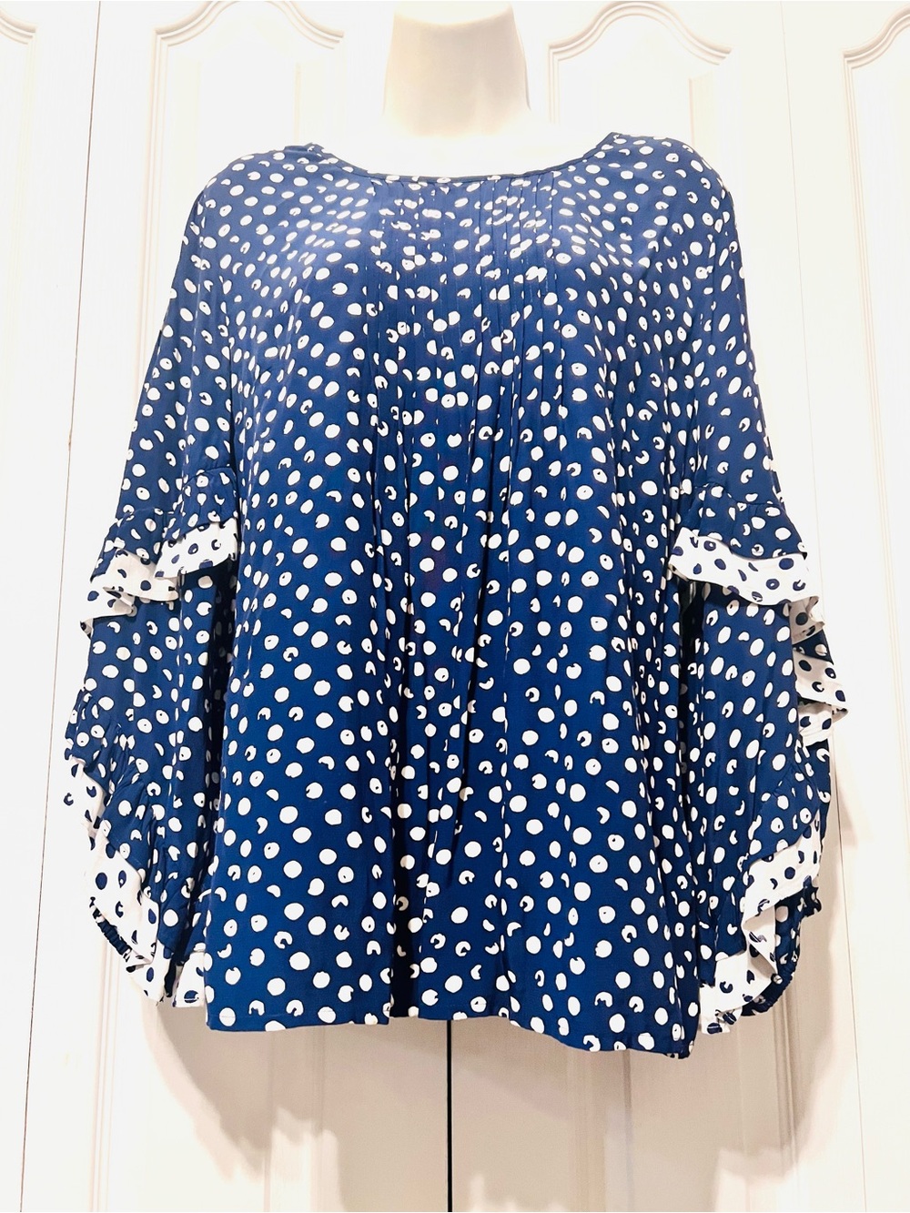 Soft Surroundings Navy/White Polka Dot Boho Ruffle Bell Sleeve Blouse-Small